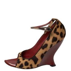 Pre Owned Yves Saint Laurent Animal Print Calf Hair Ankle Strap Wedge Sandals Size 39