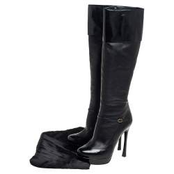 Pre Owned حذاء بوت إيف سان لوران ثعبان وجلد أسود بطول الركبة مقاس 39