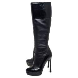 Pre Owned حذاء بوت إيف سان لوران ثعبان وجلد أسود بطول الركبة مقاس 39