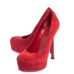 Pre Owned Yves Saint Laurent Red Suede Tribtoo Platform Pumps Size 36.5