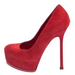Pre Owned Yves Saint Laurent Red Suede Tribtoo Platform Pumps Size 36.5