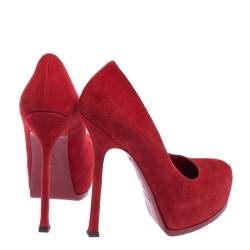 Pre Owned Yves Saint Laurent Red Suede Tribtoo Platform Pumps Size 36.5