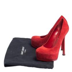 Pre Owned Yves Saint Laurent Red Suede Tribtoo Platform Pumps Size 36.5
