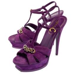 Pre Owned  Yves Saint Laurent Purple Suede Tribute Chain Detail Platform Sandals Size 39