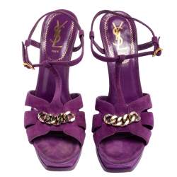 Pre Owned  Yves Saint Laurent Purple Suede Tribute Chain Detail Platform Sandals Size 39