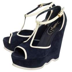 Pre Owned Yves Saint Laurent Navy Blue Suede And Patent Leather Riviera T Strap Platform Wedge Sandals Size 38