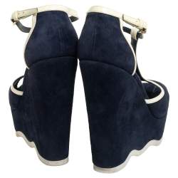 Pre Owned Yves Saint Laurent Navy Blue Suede And Patent Leather Riviera T Strap Platform Wedge Sandals Size 38