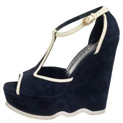 Pre Owned Yves Saint Laurent Navy Blue Suede And Patent Leather Riviera T Strap Platform Wedge Sandals Size 38