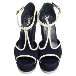 Pre Owned Yves Saint Laurent Navy Blue Suede And Patent Leather Riviera T Strap Platform Wedge Sandals Size 38