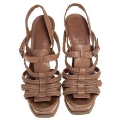 Pre Owned Yves Saint Laurent Beige Braided Leather Hamptons Platform Sandals Size 37