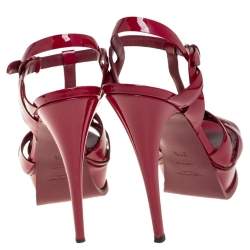 Pre Owned Yves Saint Laurent Burgundy Patent Leather Tribute Platform Sandals Size 37.5