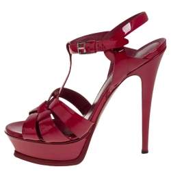 Pre Owned Yves Saint Laurent Burgundy Patent Leather Tribute Platform Sandals Size 37.5