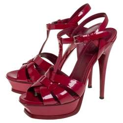 Pre Owned Yves Saint Laurent Burgundy Patent Leather Tribute Platform Sandals Size 37.5