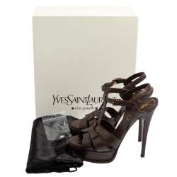 Pre Owned Yves Saint Laurent Brown Textured Leather Tribute Platform Ankle Strap Sandals Size 36