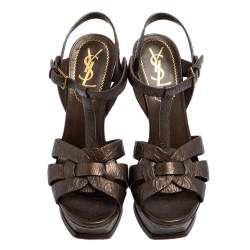 Pre Owned Yves Saint Laurent Brown Textured Leather Tribute Platform Ankle Strap Sandals Size 36