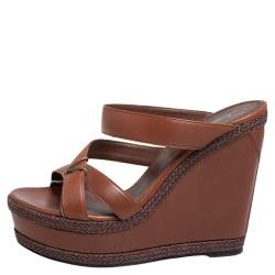 Pre Owned صندل أيف سان لوران كعب روك سلايد نعل سميك جلد بني مقاس 40