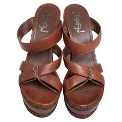 Pre Owned صندل أيف سان لوران كعب روك سلايد نعل سميك جلد بني مقاس 40