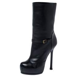 Pre Owned Yves Saint Laurent Black Leather Tribtoo Platform Ankle Length Boots Size 37.5