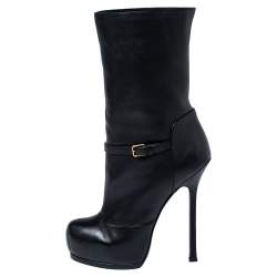 Pre Owned Yves Saint Laurent Black Leather Tribtoo Platform Ankle Length Boots Size 37.5