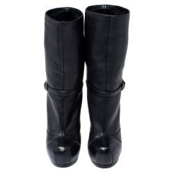 Pre Owned Yves Saint Laurent Black Leather Tribtoo Platform Ankle Length Boots Size 37.5