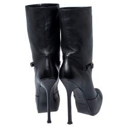Pre Owned Yves Saint Laurent Black Leather Tribtoo Platform Ankle Length Boots Size 37.5