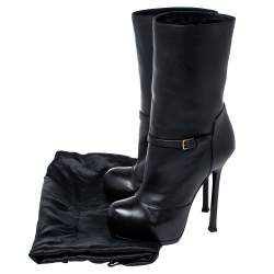 Pre Owned Yves Saint Laurent Black Leather Tribtoo Platform Ankle Length Boots Size 37.5
