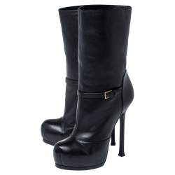 Pre Owned Yves Saint Laurent Black Leather Tribtoo Platform Ankle Length Boots Size 37.5