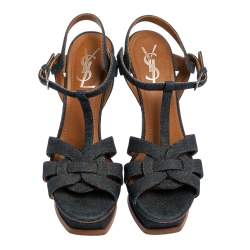 Pre Owned Yves Saint Laurent Blue Denim Tribute Platform Sandals 38.5