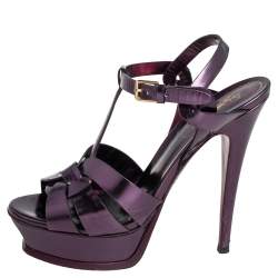 Pre Owned صندل إيف سان لوران تريبوت جلد بنفسجي ميتاليك نعل سميك مقاس 37
