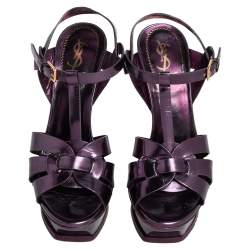 Pre Owned صندل إيف سان لوران تريبوت جلد بنفسجي ميتاليك نعل سميك مقاس 37