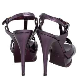 Pre Owned صندل إيف سان لوران تريبوت جلد بنفسجي ميتاليك نعل سميك مقاس 37