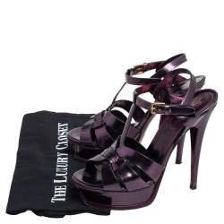 Pre Owned صندل إيف سان لوران تريبوت جلد بنفسجي ميتاليك نعل سميك مقاس 37
