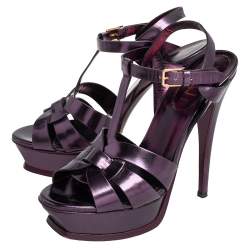 Pre Owned صندل إيف سان لوران تريبوت جلد بنفسجي ميتاليك نعل سميك مقاس 37