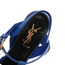 Pre Owned Yves Saint Laurent Blue Patent Leather Tribute Platform Sandals Size 37