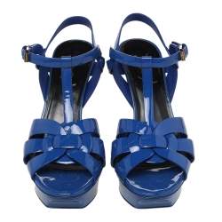 Pre Owned Yves Saint Laurent Blue Patent Leather Tribute Platform Sandals Size 37
