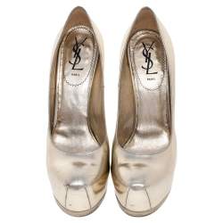 Pre Owned Yves Saint Laurent Gold Leather Tribtoo Platform Pumps Size 38.5
