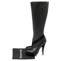 Pre Owned حذاء بوت أيف سان لوران سويدي أسود وجلد نعل سميك بطول الركبة مقاس 37