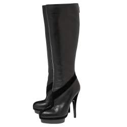 Pre Owned حذاء بوت أيف سان لوران سويدي أسود وجلد نعل سميك بطول الركبة مقاس 37