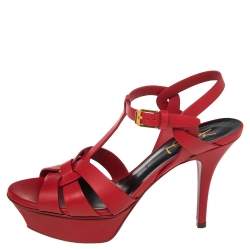 مملوكة مسبقًا Yves Saint Laurent  Red  Leather Tribute Platform Sandals Size 36
