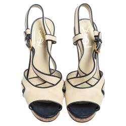 Yves Saint Laurent White/Blue Canvas Deauville Cork Wedge Slingback Sandals Size 40 