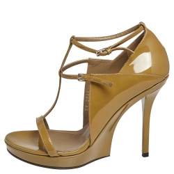 Pre Owned صندل سان ل وران جين جلد بيج لامع بحزام للكاحل مقاس 38