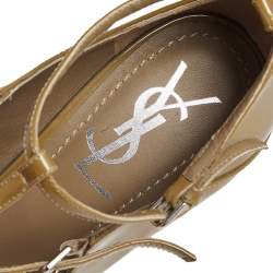 Pre Owned صندل سان لوران جين جلد بيج لامع بحزام للكاحل مقاس 38