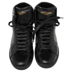 Pre Owned حذاء رياضي إيف سان لوران جلد أسود مرصع بعنق مرتفع مقاس 36.5