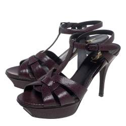 Pre Owned Saint Laurent Burgundy Textured Leather Tribute Sandals Size 38.5