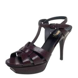 Pre Owned Saint Laurent Burgundy Textured Leather Tribute Sandals Size 38.5