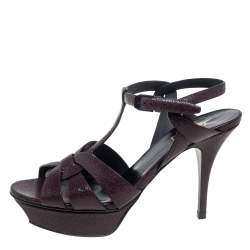 Pre Owned Saint Laurent Burgundy Textured Leather Tribute Sandals Size 38.5