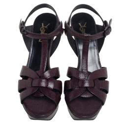 Pre Owned Saint Laurent Burgundy Textured Leather Tribute Sandals Size 38.5