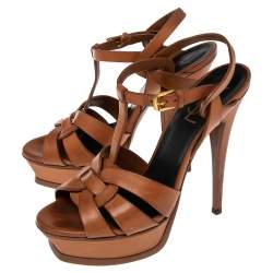 Pre Owned Saint Laurent Tan Leather Tribute Sandals Size 38