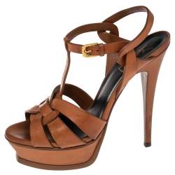 Pre Owned Saint Laurent Tan Leather Tribute Sandals Size 38