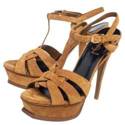 مملوكة مسبقًا صندل سان لوران نعل سميك تريبيوت سويدي بيج مقاس 37.5